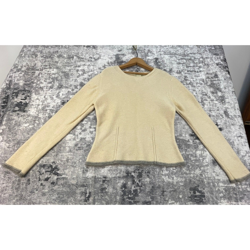 Eddie Bauer Womens M Sweater Pullover Solid Cream Grey Trim Lambswool Crew Neck